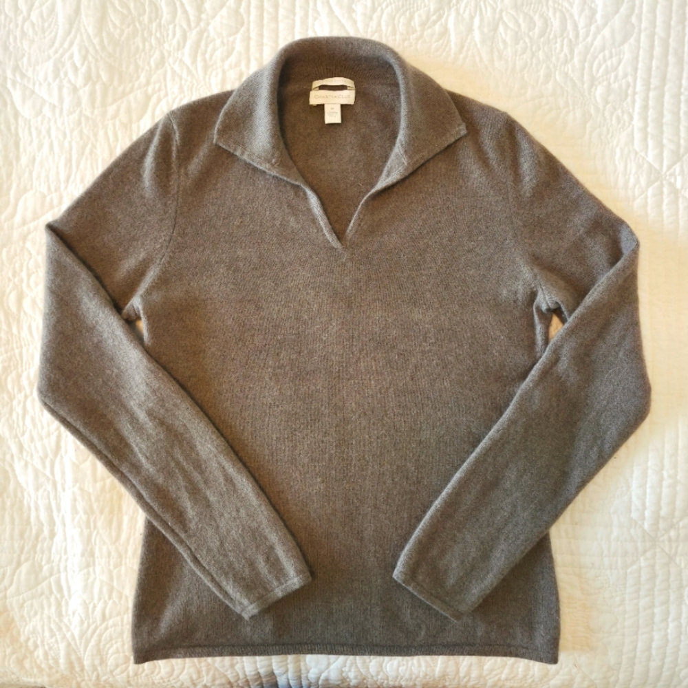 Women's Charter Club Cashmere Johnny Collar Sweater In Taupe, Size Medium